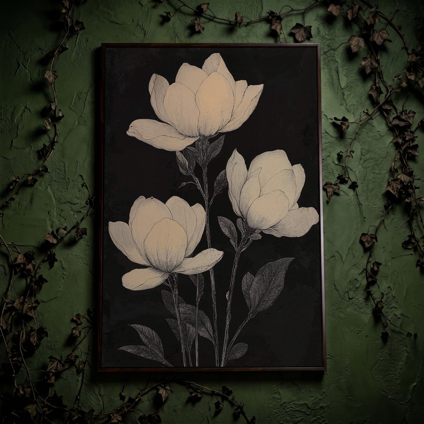 Magnolia Flowers Canvas Print, Botanical Black and White in dark walnut floating frame