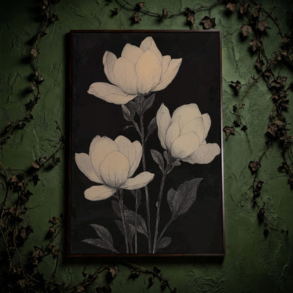 Magnolia Flowers Canvas Print, Botanical Black and White in dark walnut floating frame
