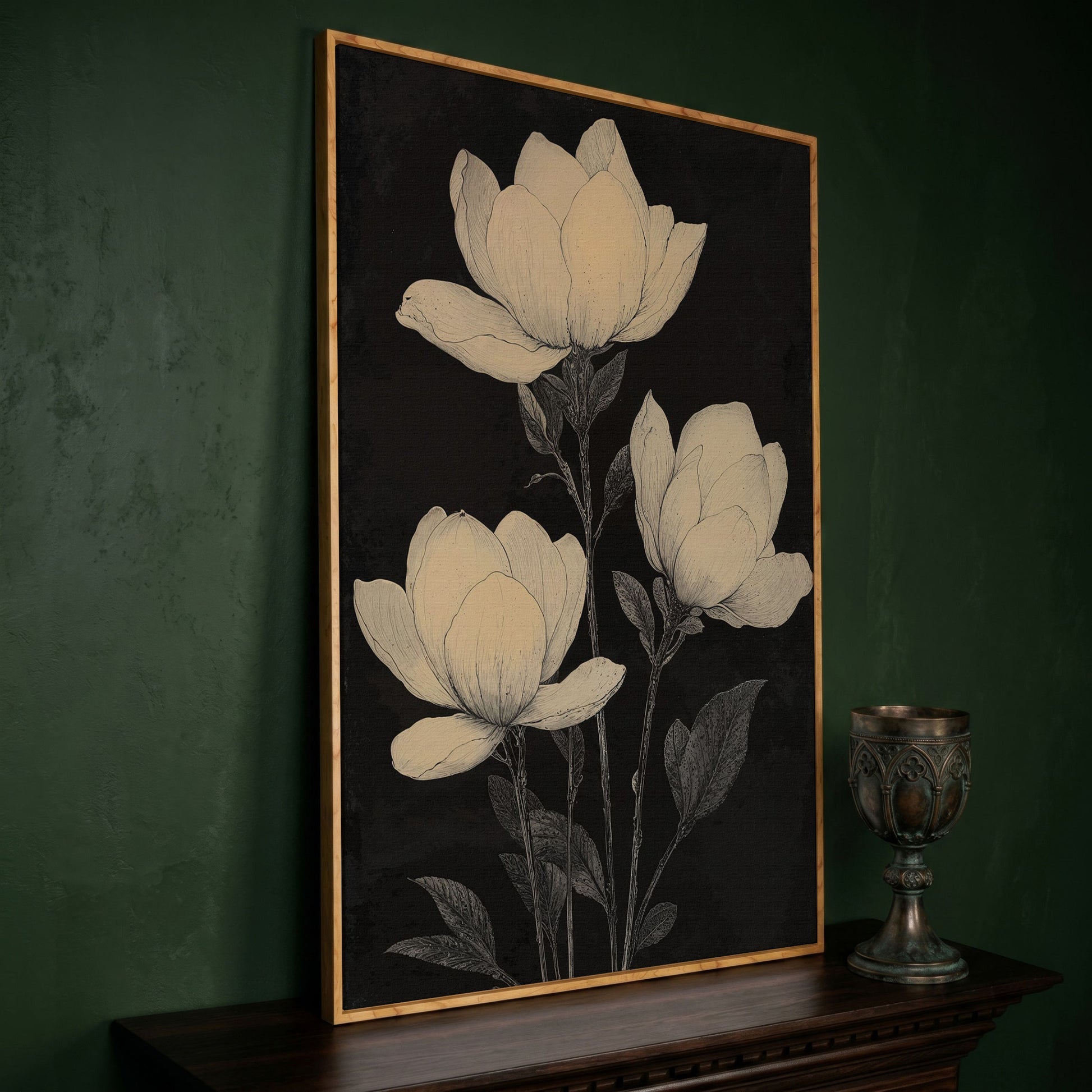 Magnolia Flowers Canvas Print, Botanical Black and White in white oak floating frame