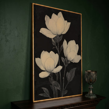 Magnolia Flowers Canvas Print, Botanical Black and White in white oak floating frame