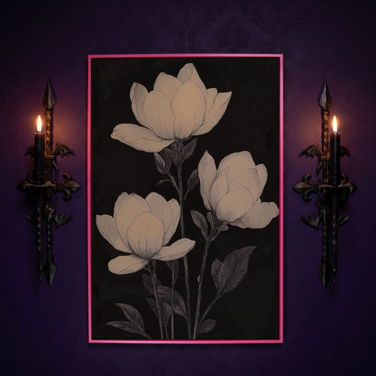 Magnolia Flowers Canvas Print, Botanical Black and White in pink floating frame