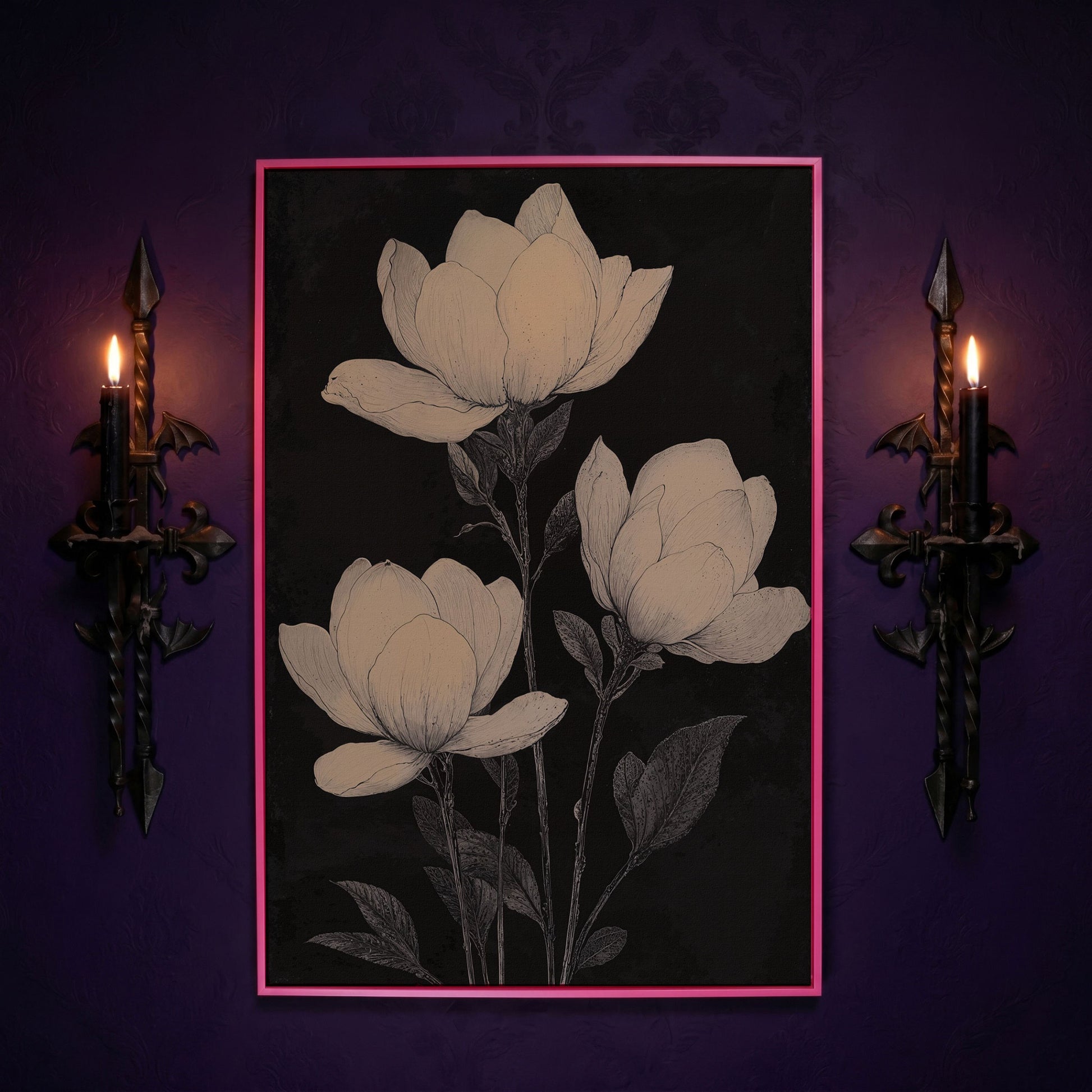Magnolia Flowers Canvas Print, Botanical Black and White in pink floating frame