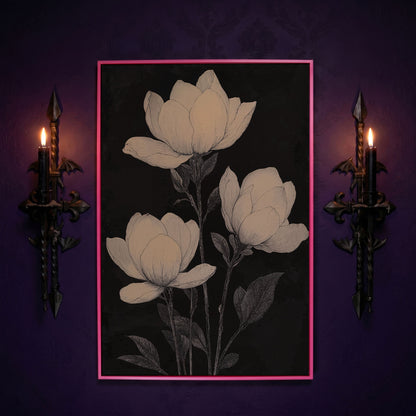 Magnolia Flowers Canvas Print, Botanical Black and White in pink floating frame