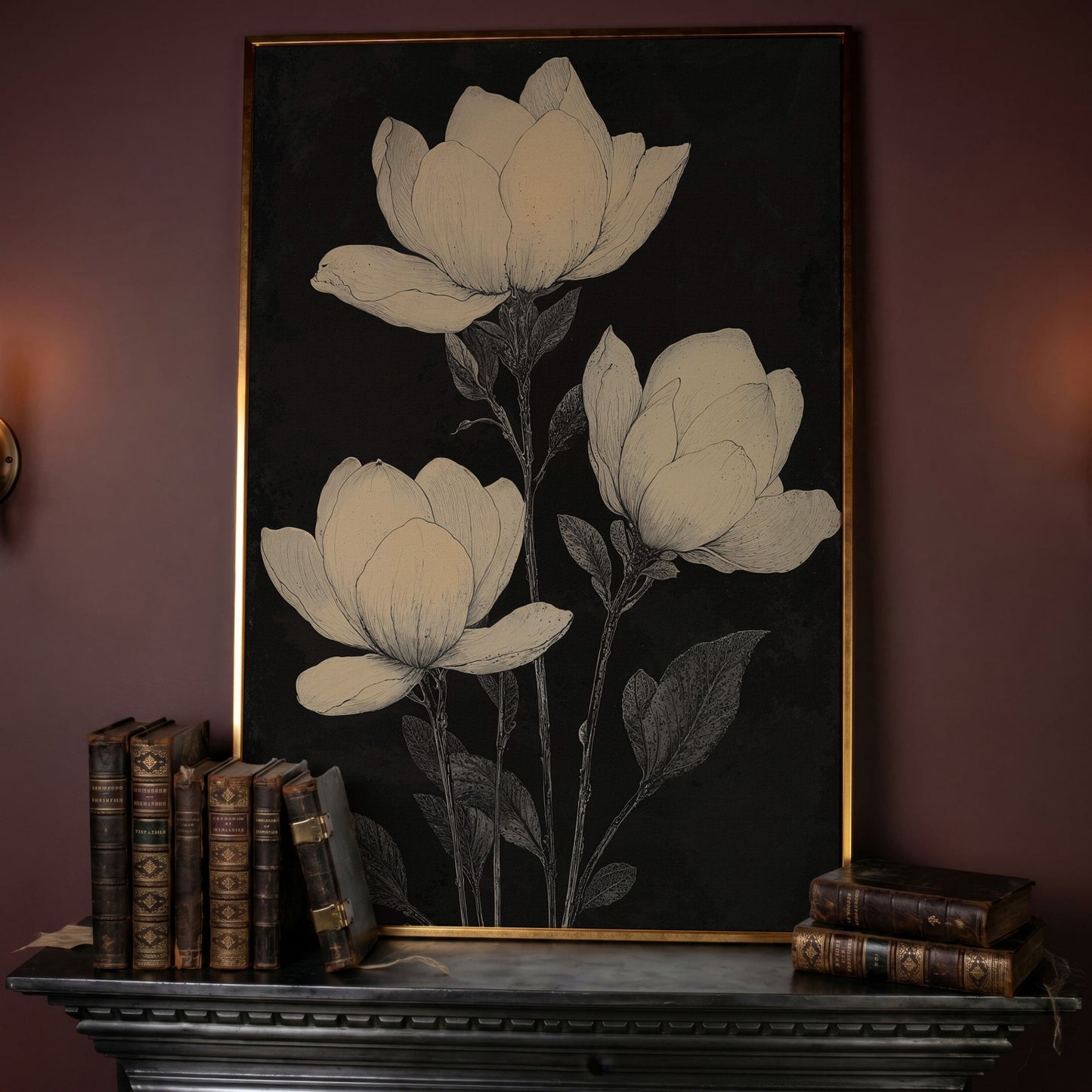 Magnolia Flowers Canvas Print, Botanical Black and White in rose gold floating frame