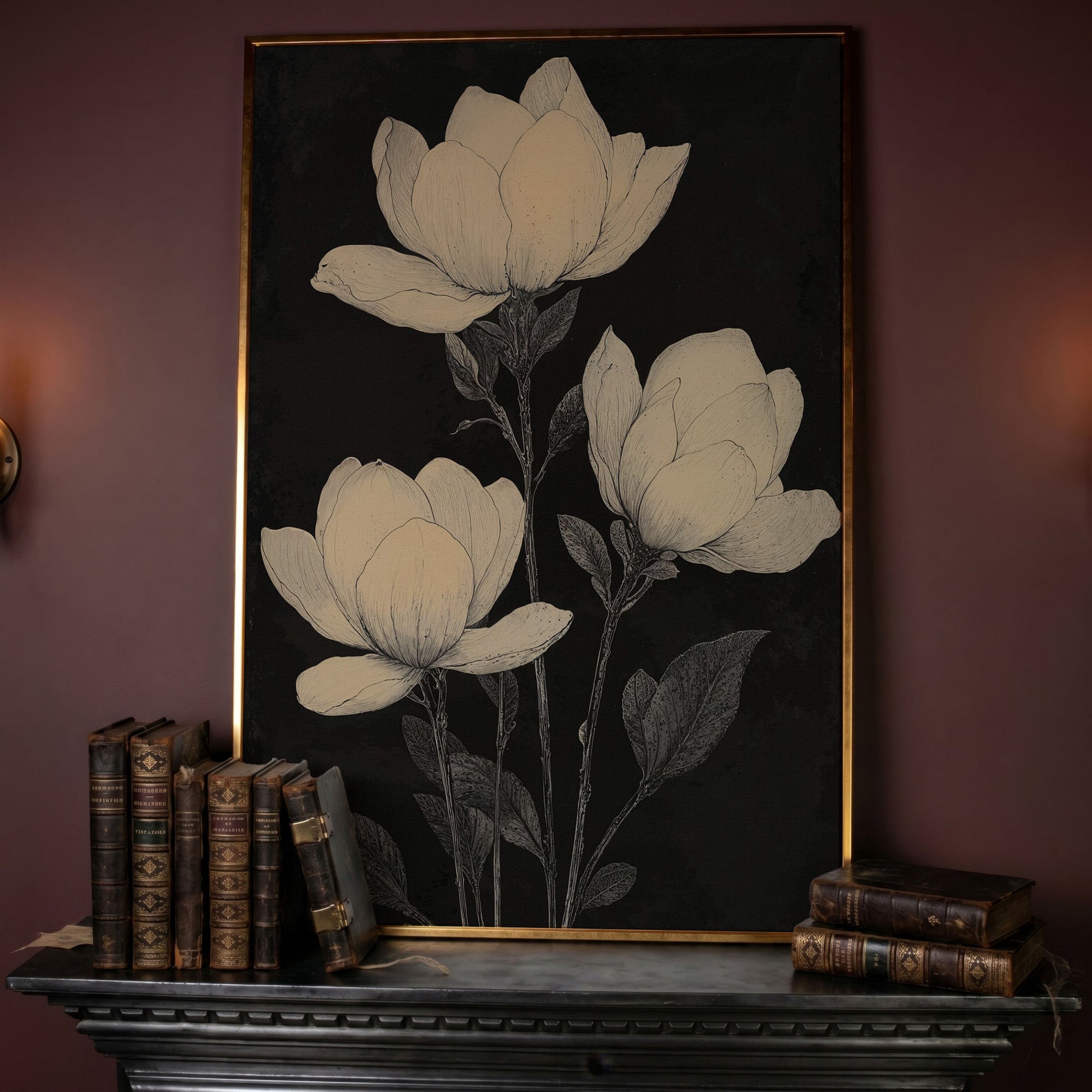 Magnolia Flowers Canvas Print, Botanical Black and White in rose gold floating frame