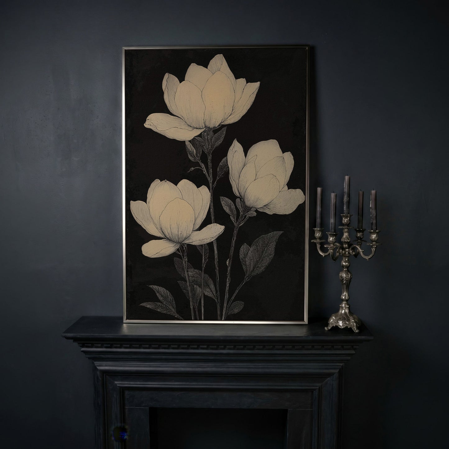 Magnolia Flowers Canvas Print, Botanical Black and White in silver floating frame