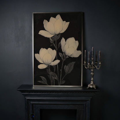 Magnolia Flowers Canvas Print, Botanical Black and White in silver floating frame