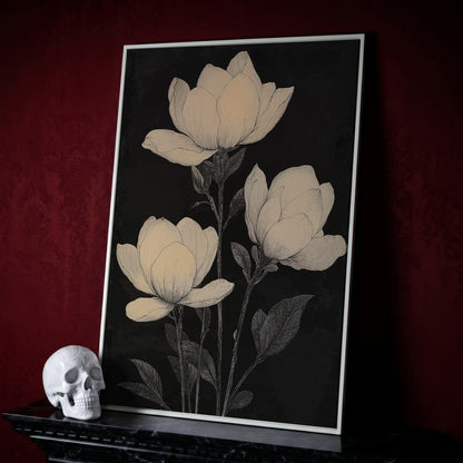 Magnolia Flowers Canvas Print, Botanical Black and White in white floating frame