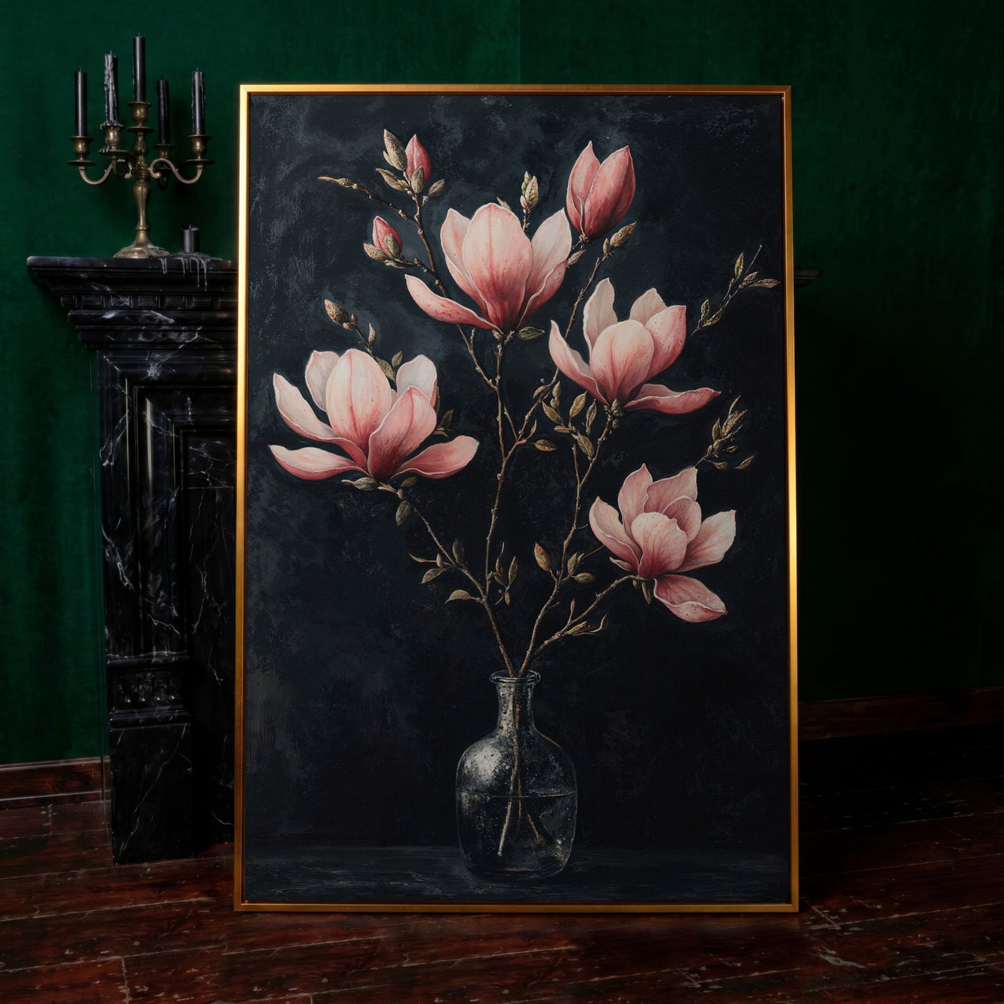 Magnolia and Pink Flowers in Vase Canvas Print in antique gold floating frame