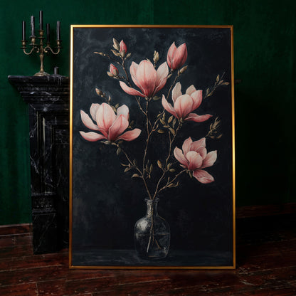 Magnolia and Pink Flowers in Vase Canvas Print in antique gold floating frame