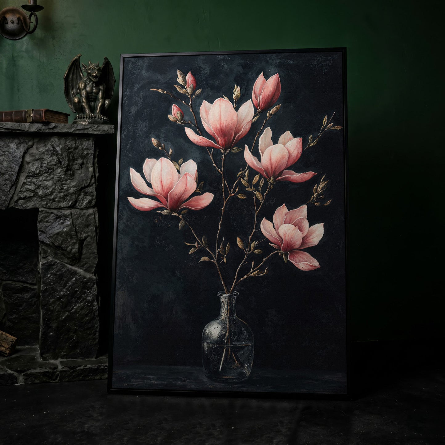Magnolia and Pink Flowers in Vase Canvas Print in black floating frame