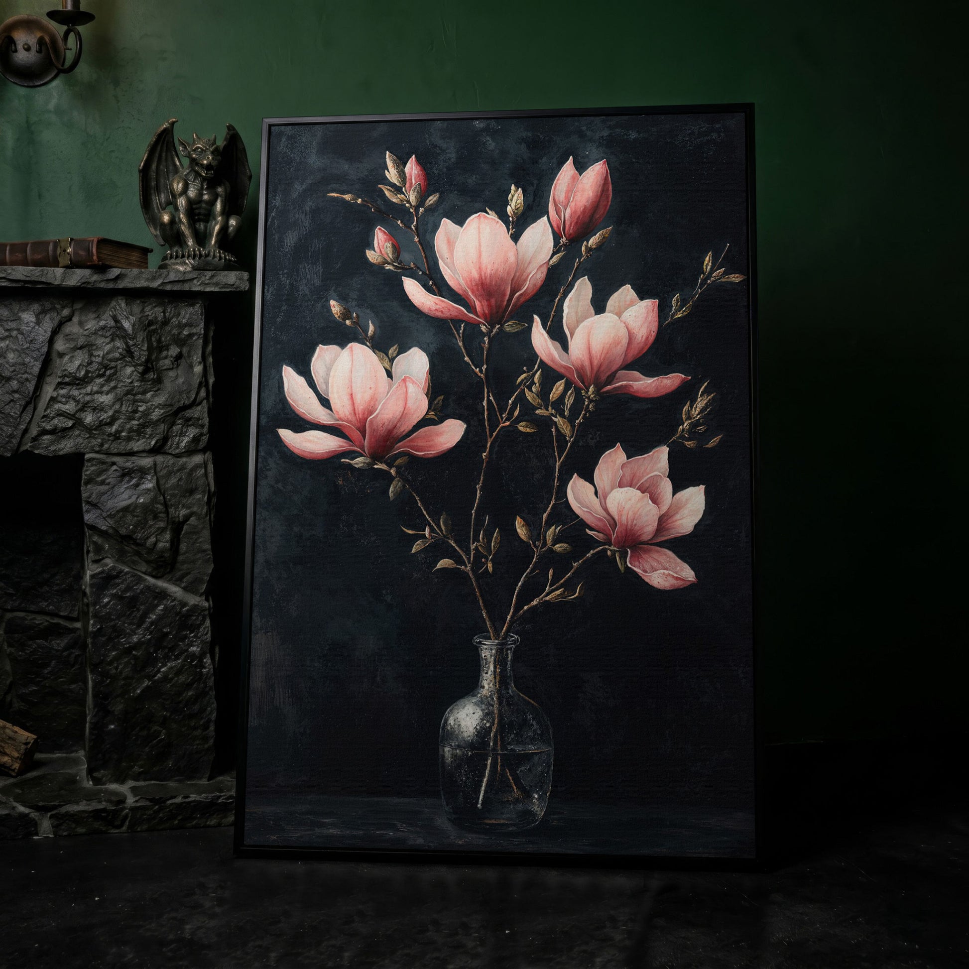 Magnolia and Pink Flowers in Vase Canvas Print in black floating frame
