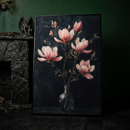 Magnolia and Pink Flowers in Vase Canvas Print in black floating frame
