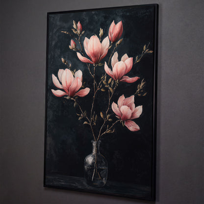 Magnolia and Pink Flowers in Vase Canvas Print shown in black floating frame
