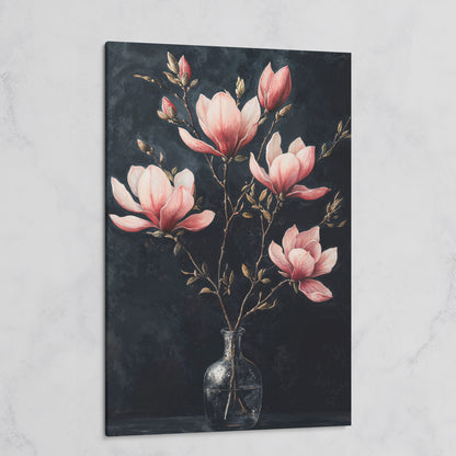 Magnolia and Pink Flowers in Vase Canvas Print on gallery wrap