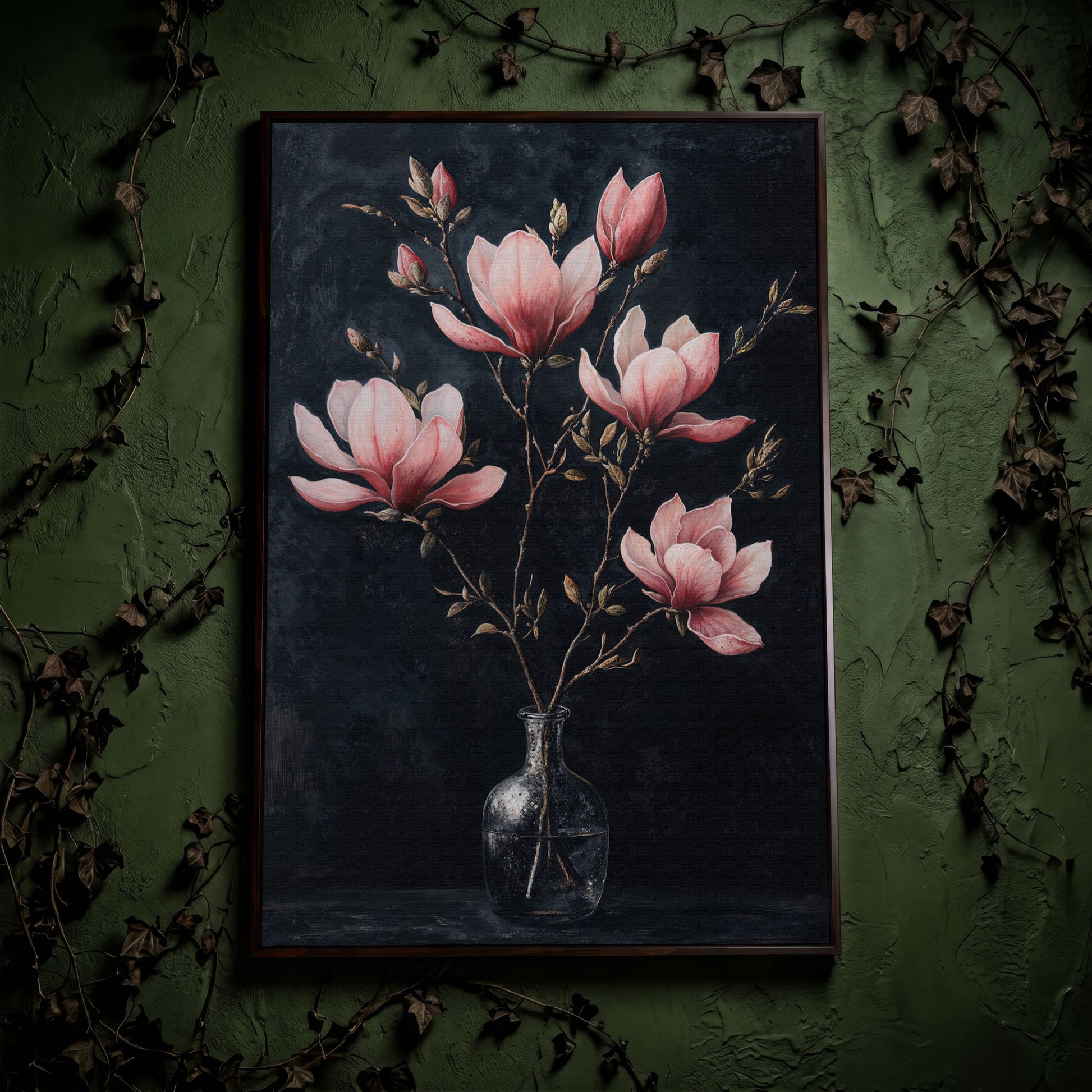 Magnolia and Pink Flowers in Vase Canvas Print in dark walnut floating frame