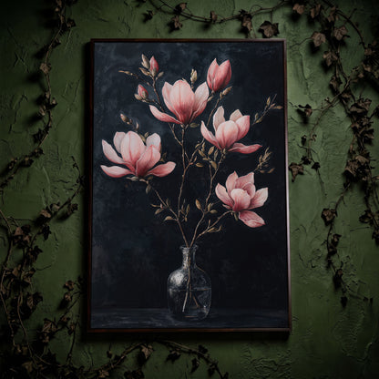 Magnolia and Pink Flowers in Vase Canvas Print in dark walnut floating frame