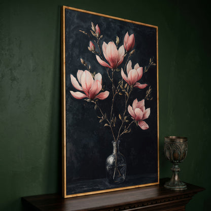 Magnolia and Pink Flowers in Vase Canvas Print in white oak floating frame