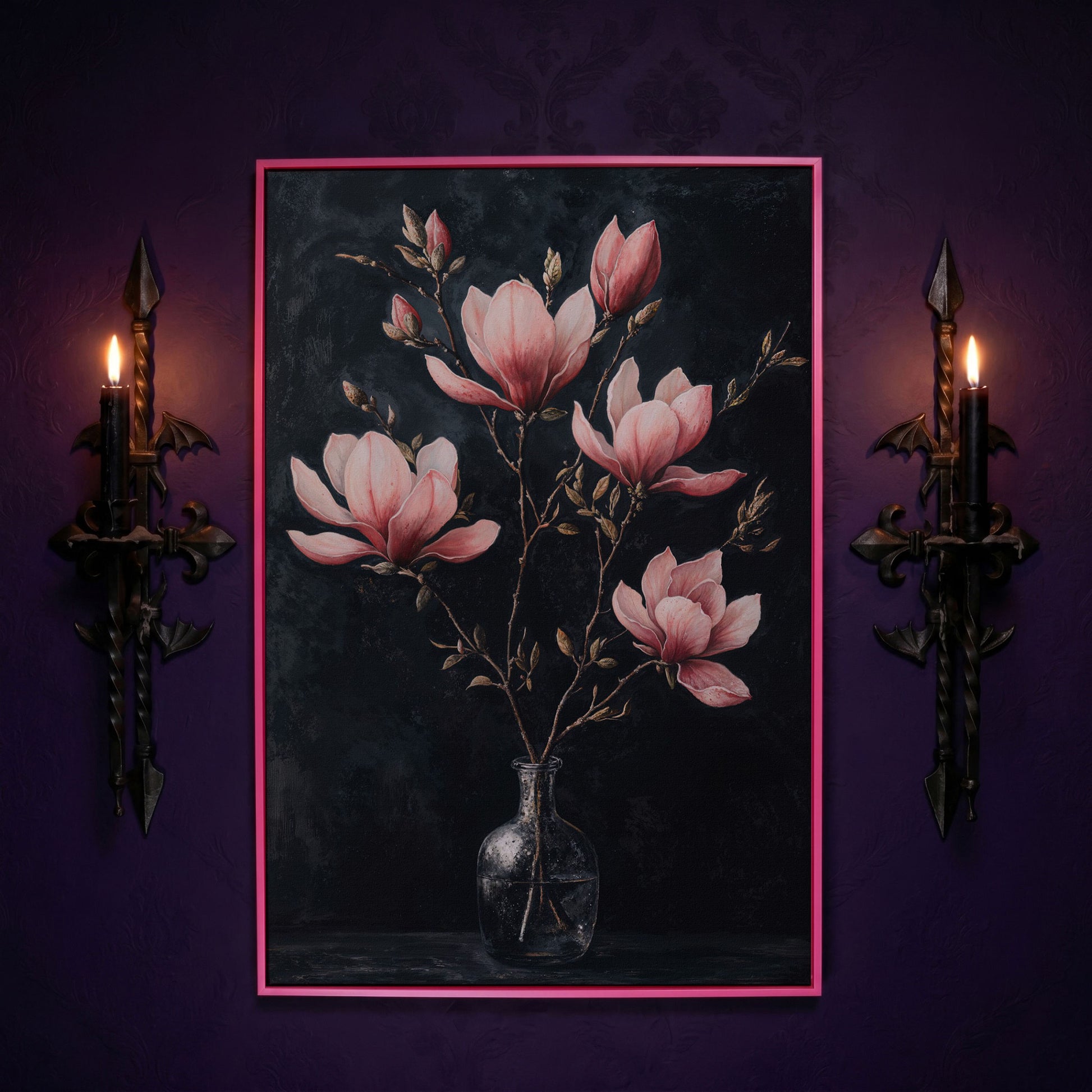 Magnolia and Pink Flowers in Vase Canvas Print in pink floating frame