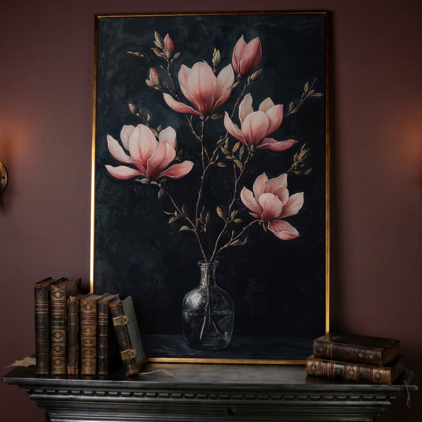 Magnolia and Pink Flowers in Vase Canvas Print in rose gold floating frame