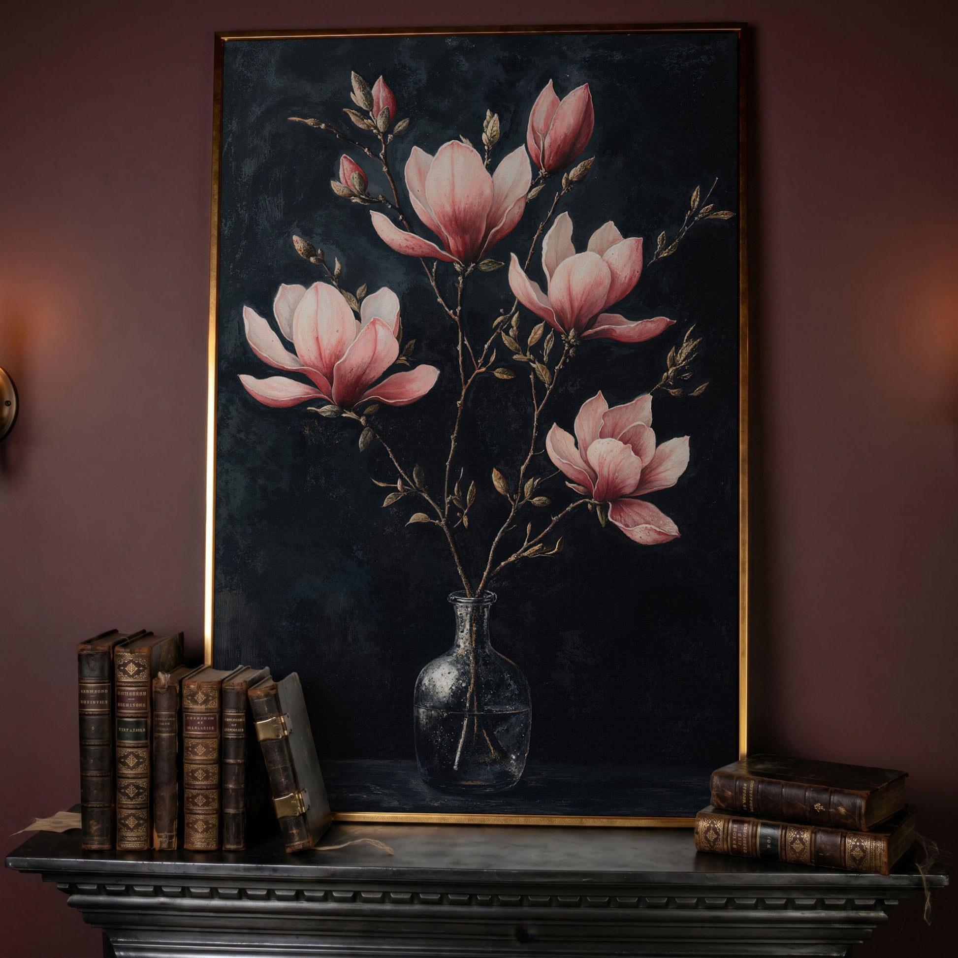 Magnolia and Pink Flowers in Vase Canvas Print in rose gold floating frame