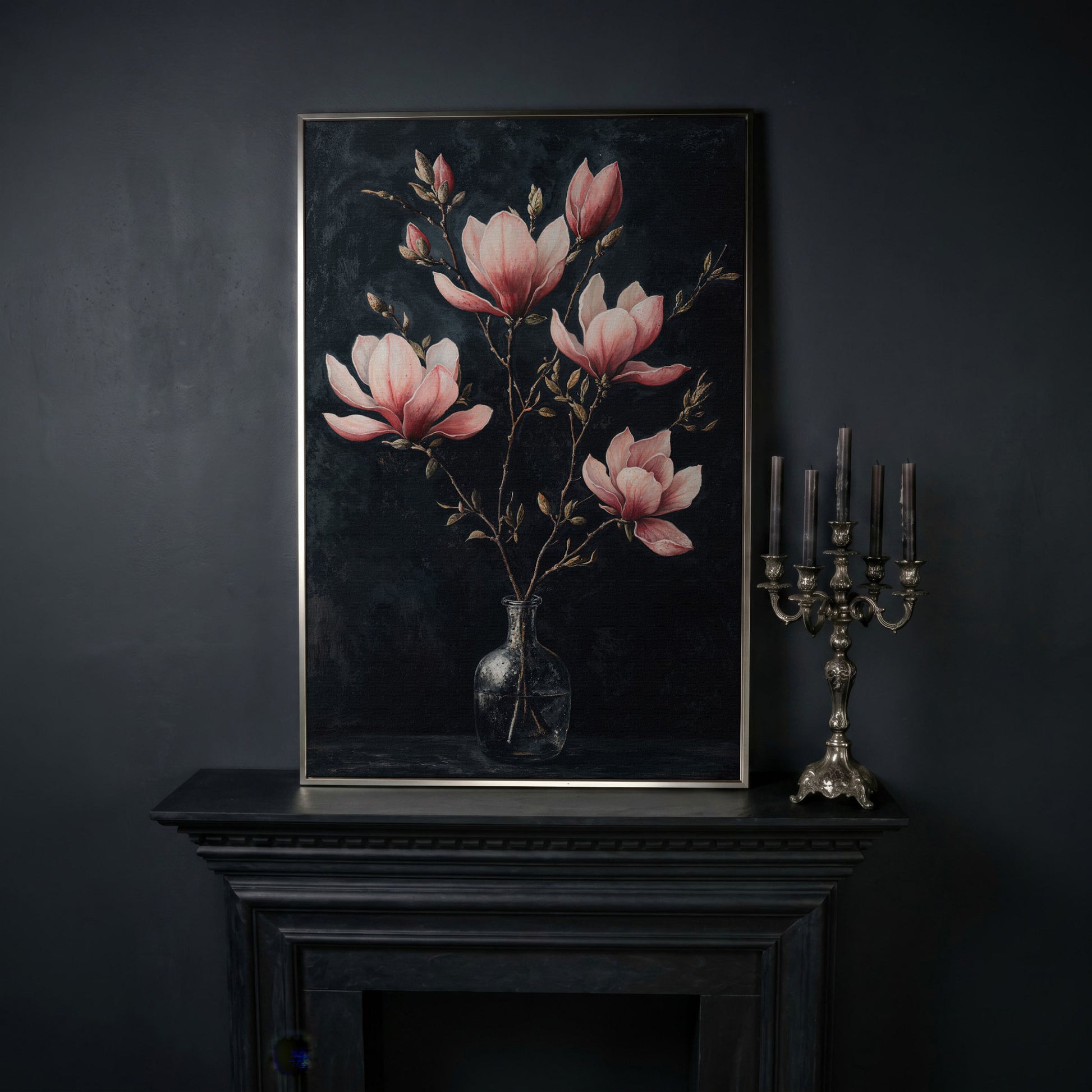 Magnolia and Pink Flowers in Vase Canvas Print in silver floating frame