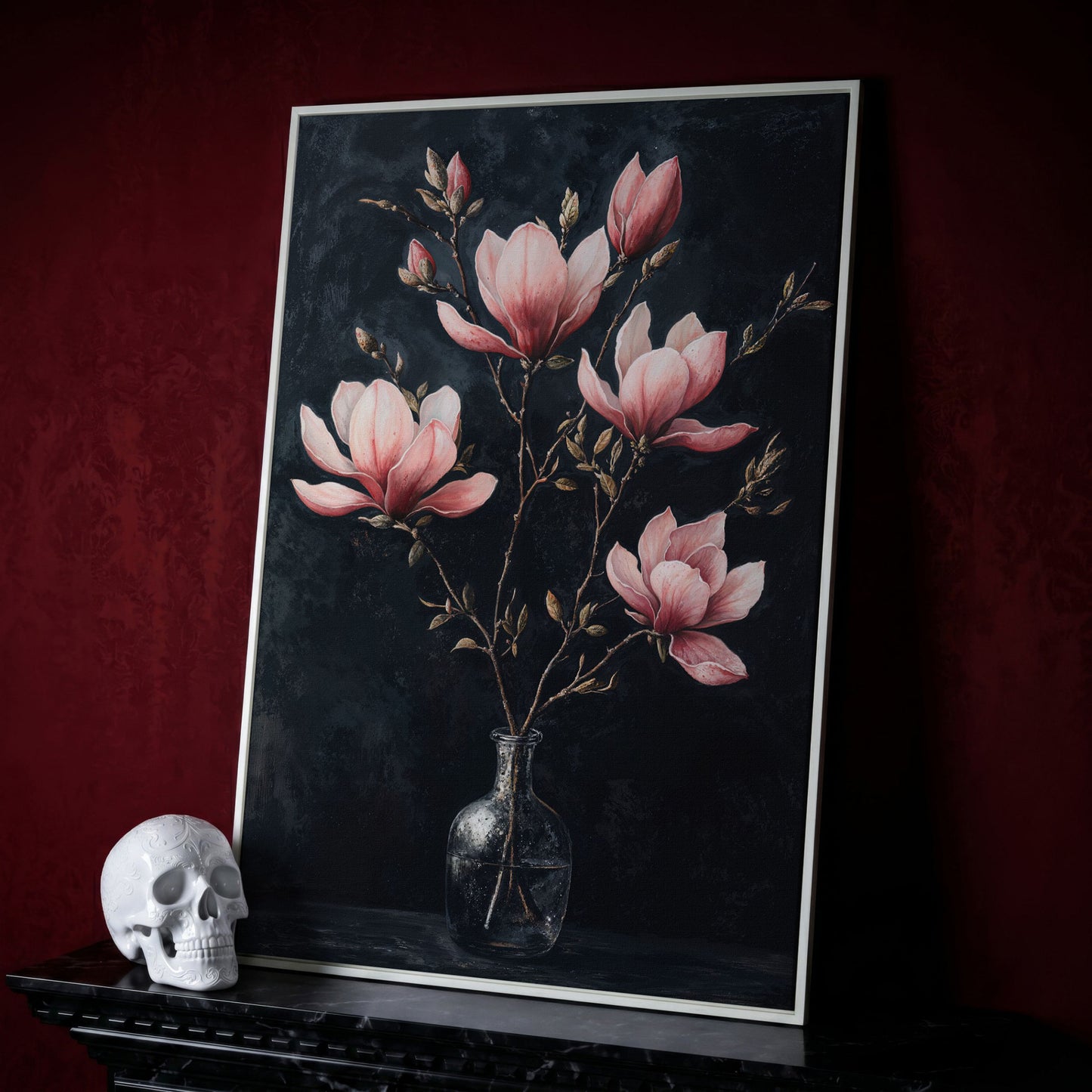 Magnolia and Pink Flowers in Vase Canvas Print in white floating frame