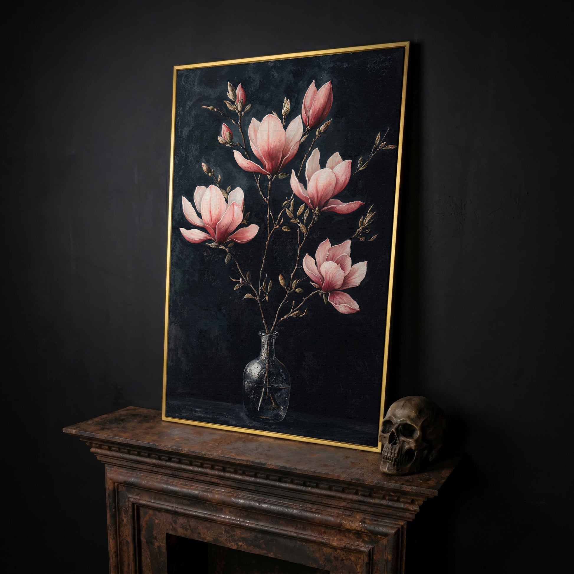 Magnolia and Pink Flowers in Vase Canvas Print in yellow gold floating frame