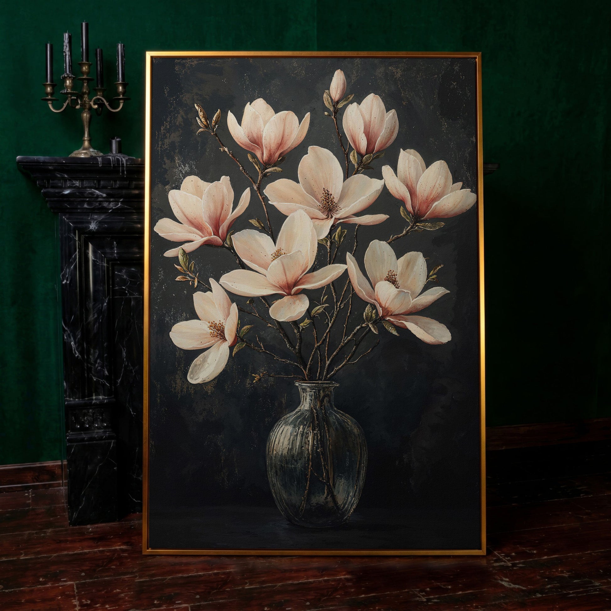 Magnolia Blossom Bouquet Canvas Print in antique gold floating frame