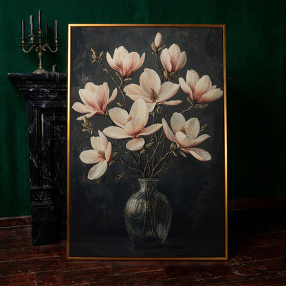 Magnolia Blossom Bouquet Canvas Print in antique gold floating frame