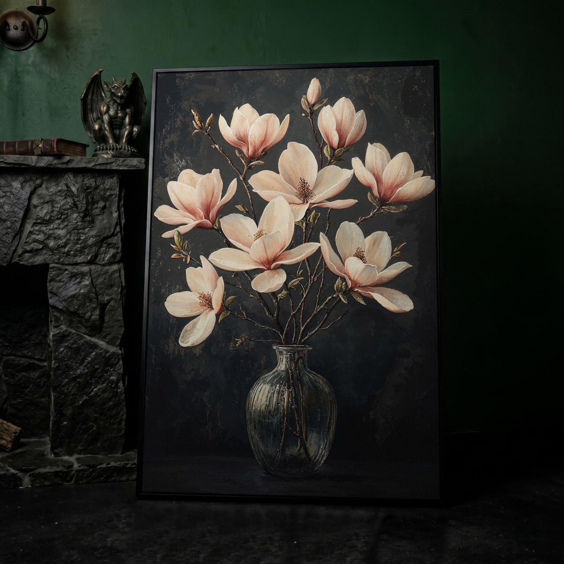 Magnolia Blossom Bouquet Canvas Print in black floating frame