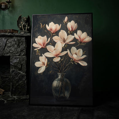 Magnolia Blossom Bouquet Canvas Print in black floating frame