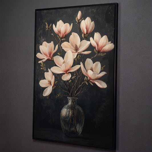Magnolia Blossom Bouquet Canvas Print shown in black floating frame