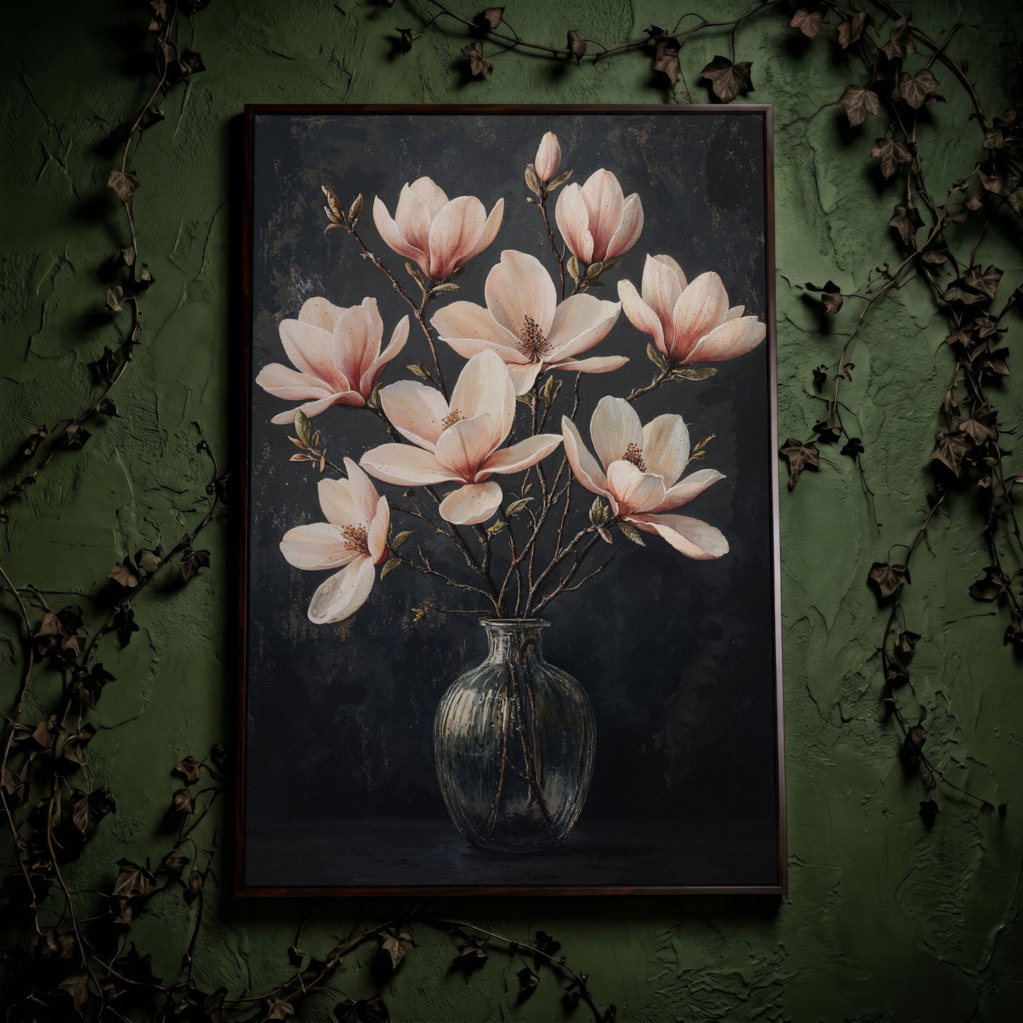 Magnolia Blossom Bouquet Canvas Print in dark walnut floating frame