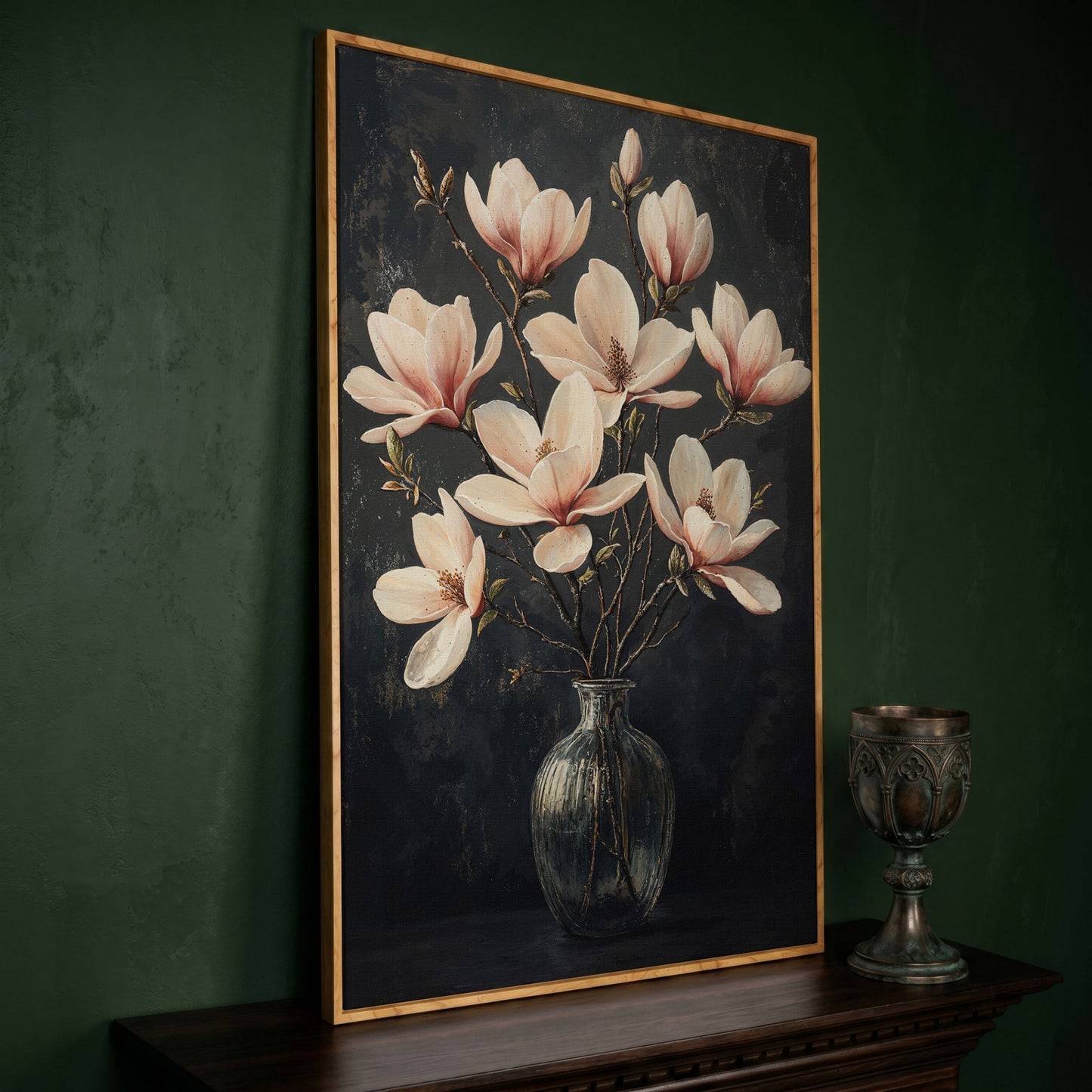Magnolia Blossom Bouquet Canvas Print in white oak floating frame