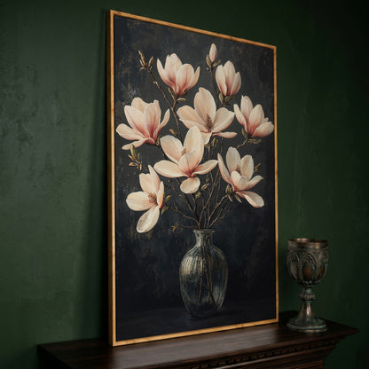 Magnolia Blossom Bouquet Canvas Print in white oak floating frame