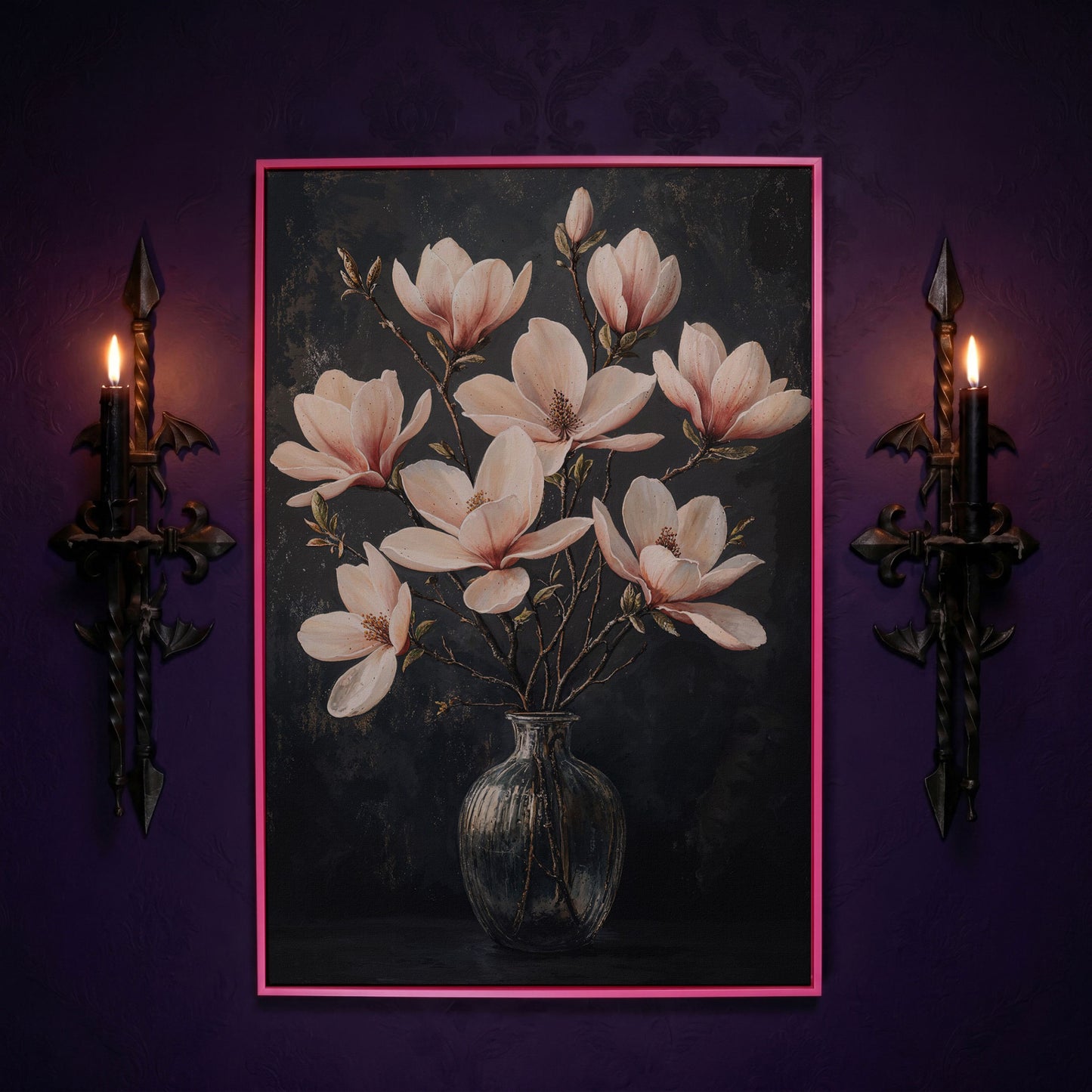 Magnolia Blossom Bouquet Canvas Print in pink floating frame