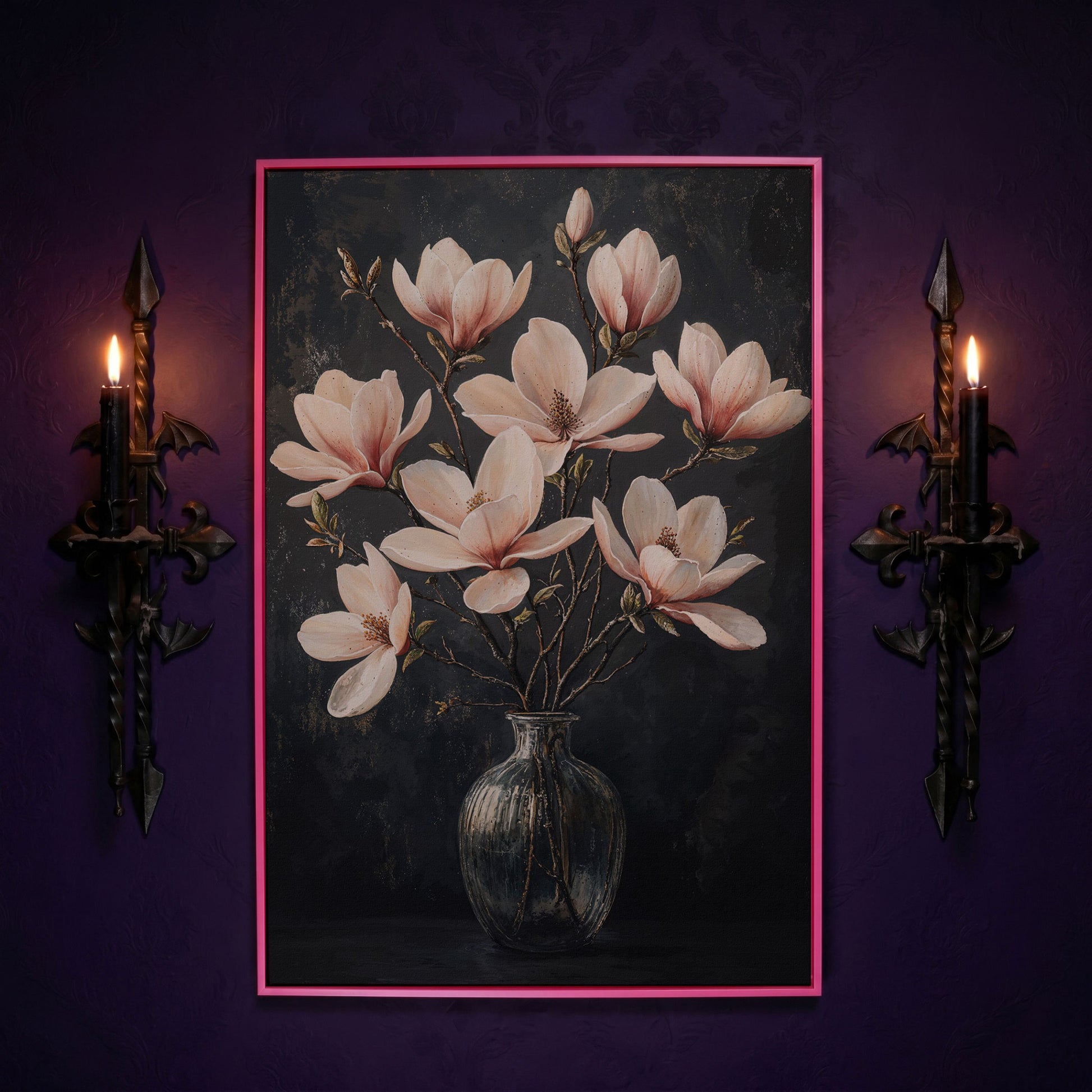 Magnolia Blossom Bouquet Canvas Print in pink floating frame
