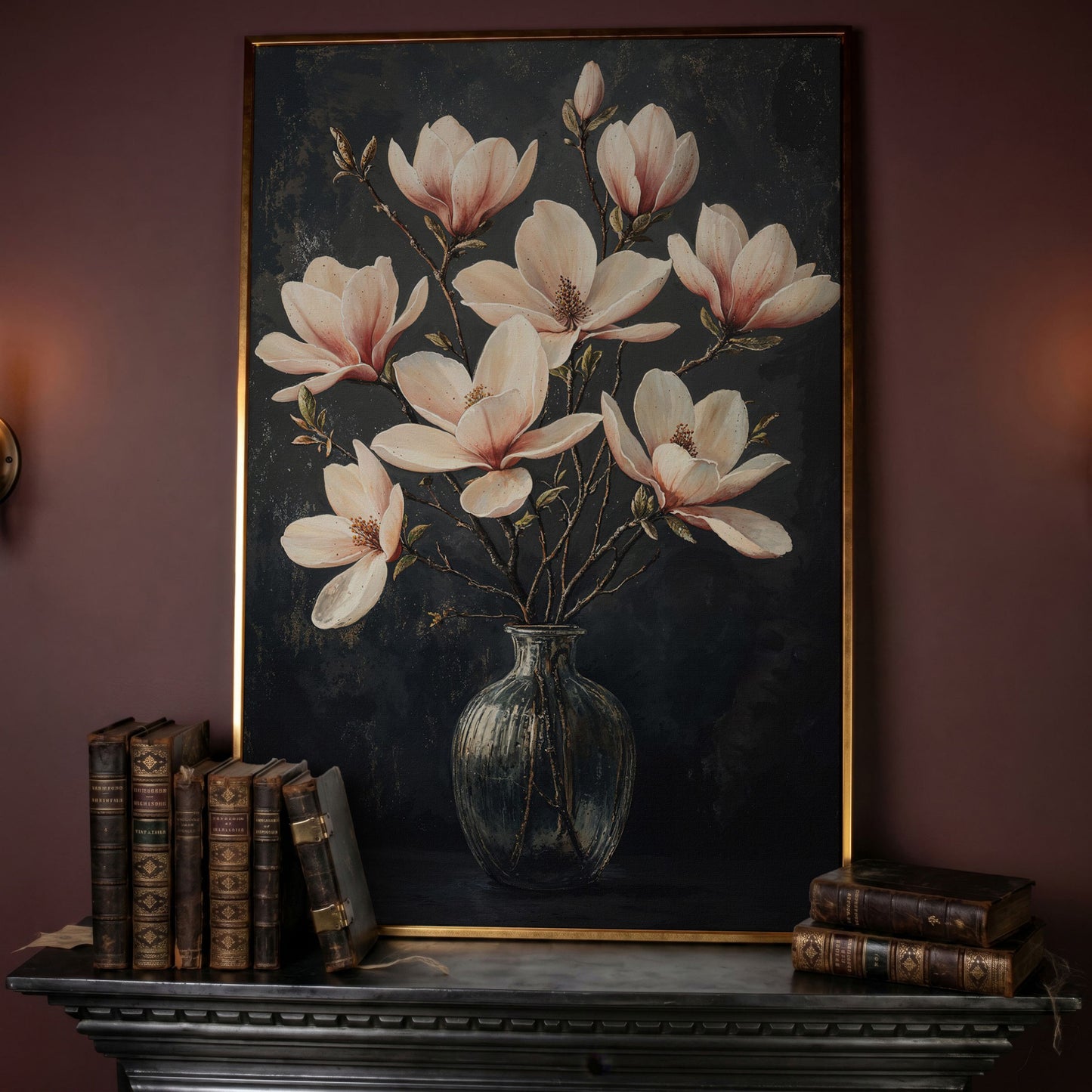 Magnolia Blossom Bouquet Canvas Print in rose gold floating frame