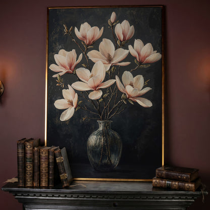 Magnolia Blossom Bouquet Canvas Print in rose gold floating frame