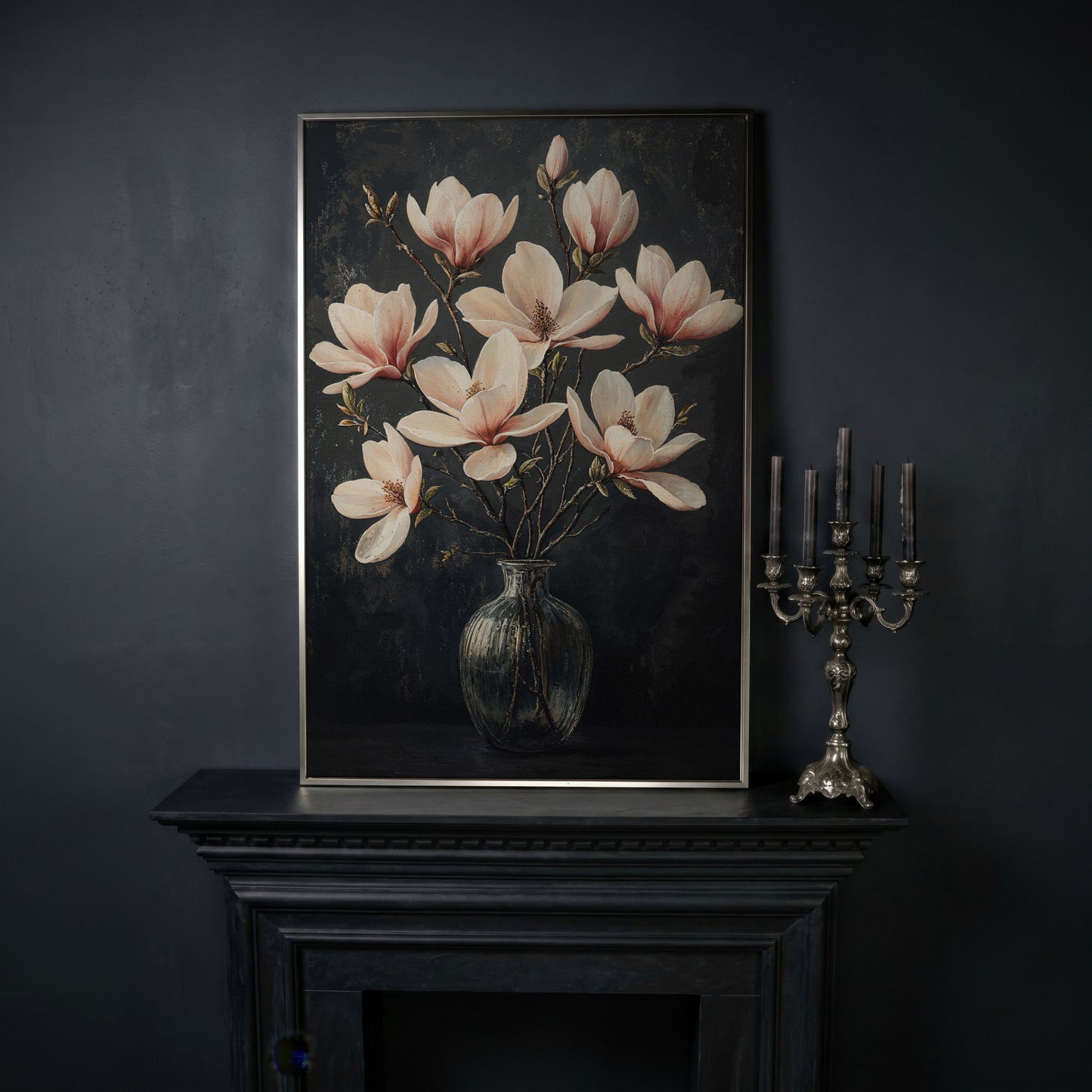 Magnolia Blossom Bouquet Canvas Print in silver floating frame