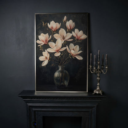 Magnolia Blossom Bouquet Canvas Print in silver floating frame