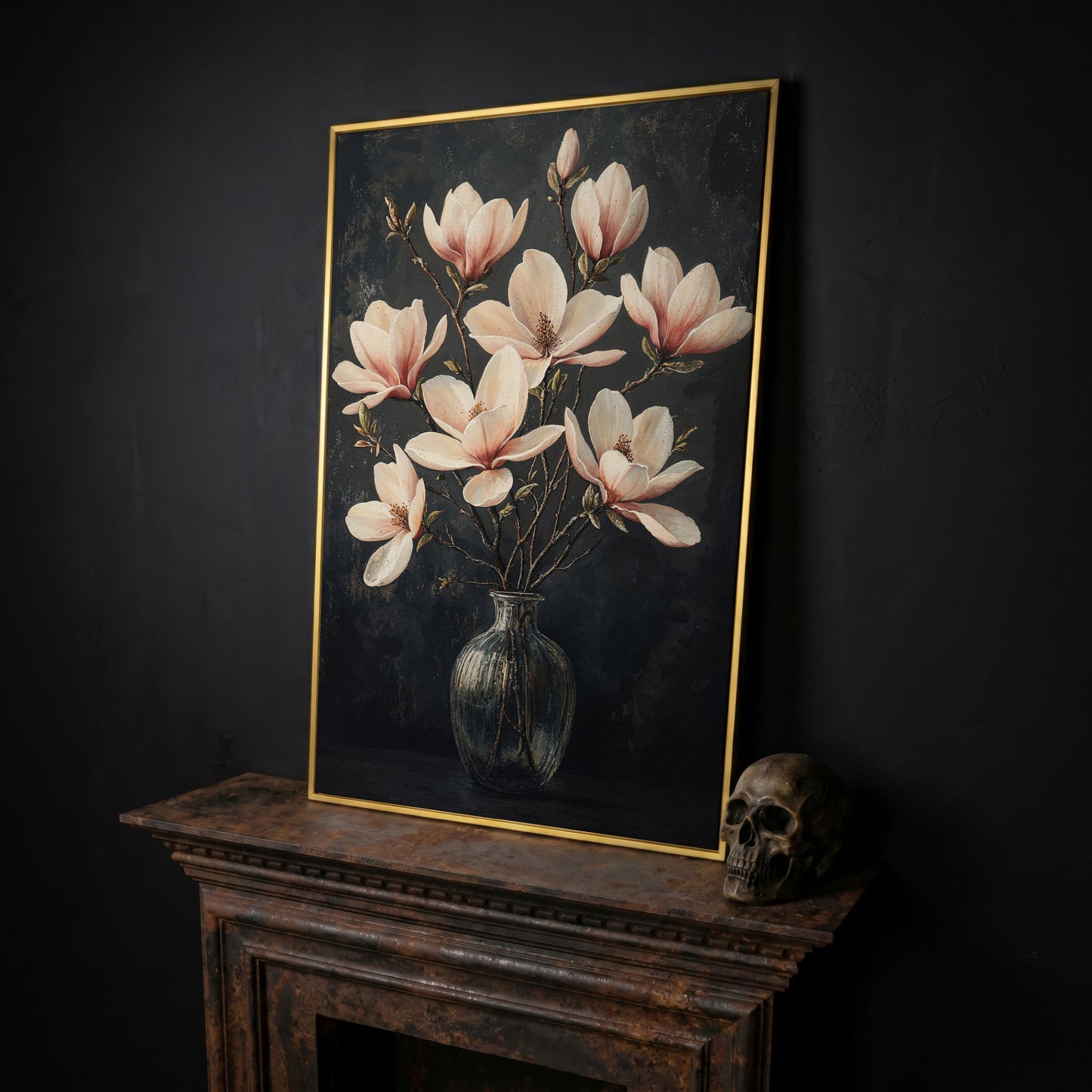 Magnolia Blossom Bouquet Canvas Print in yellow gold floating frame