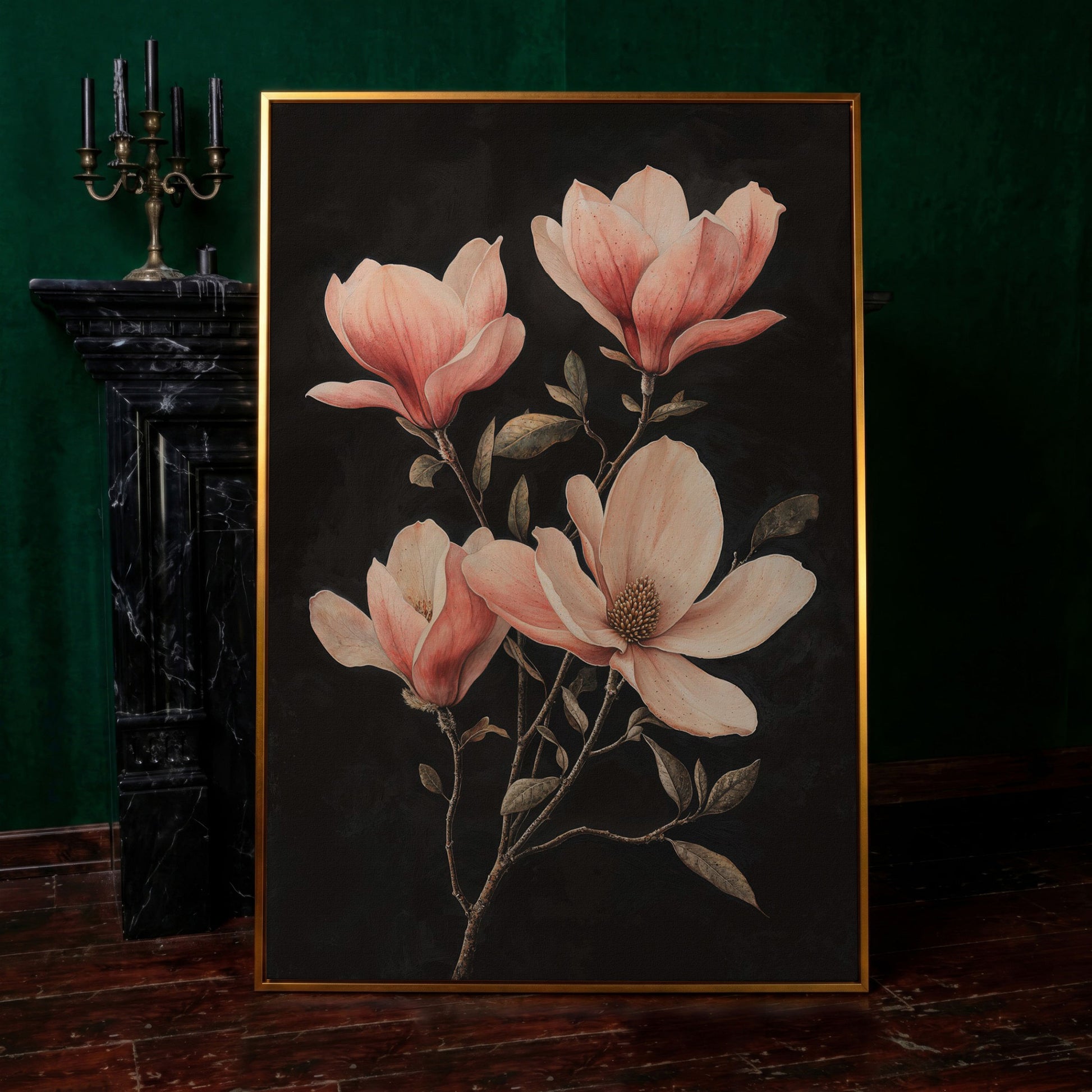 Magnolia Blossoms in Dusty Rose, Four-Stage Botanical Canvas in antique gold floating frame