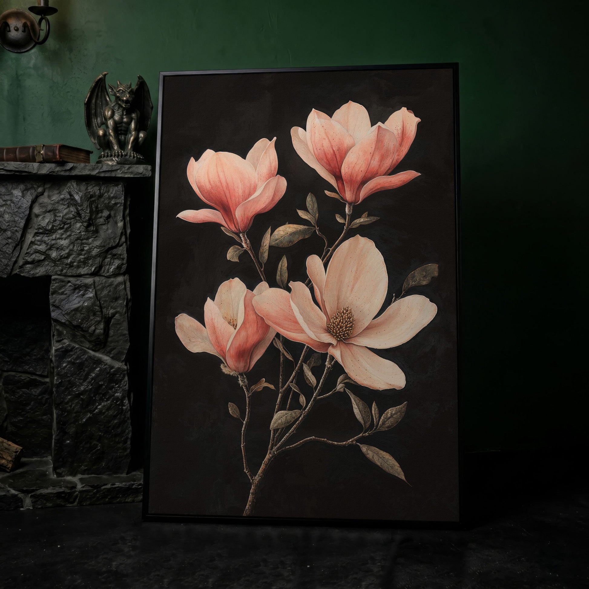 Magnolia Blossoms in Dusty Rose, Four-Stage Botanical Canvas in black floating frame