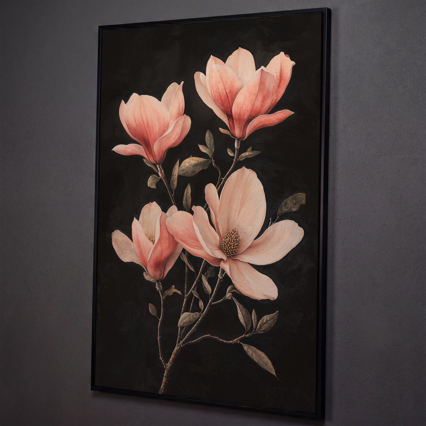 Magnolia Blossoms in Dusty Rose, Four-Stage Botanical Canvas shown in black floating frame