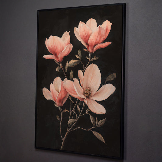 Magnolia Blossoms in Dusty Rose, Four-Stage Botanical Canvas shown in black floating frame
