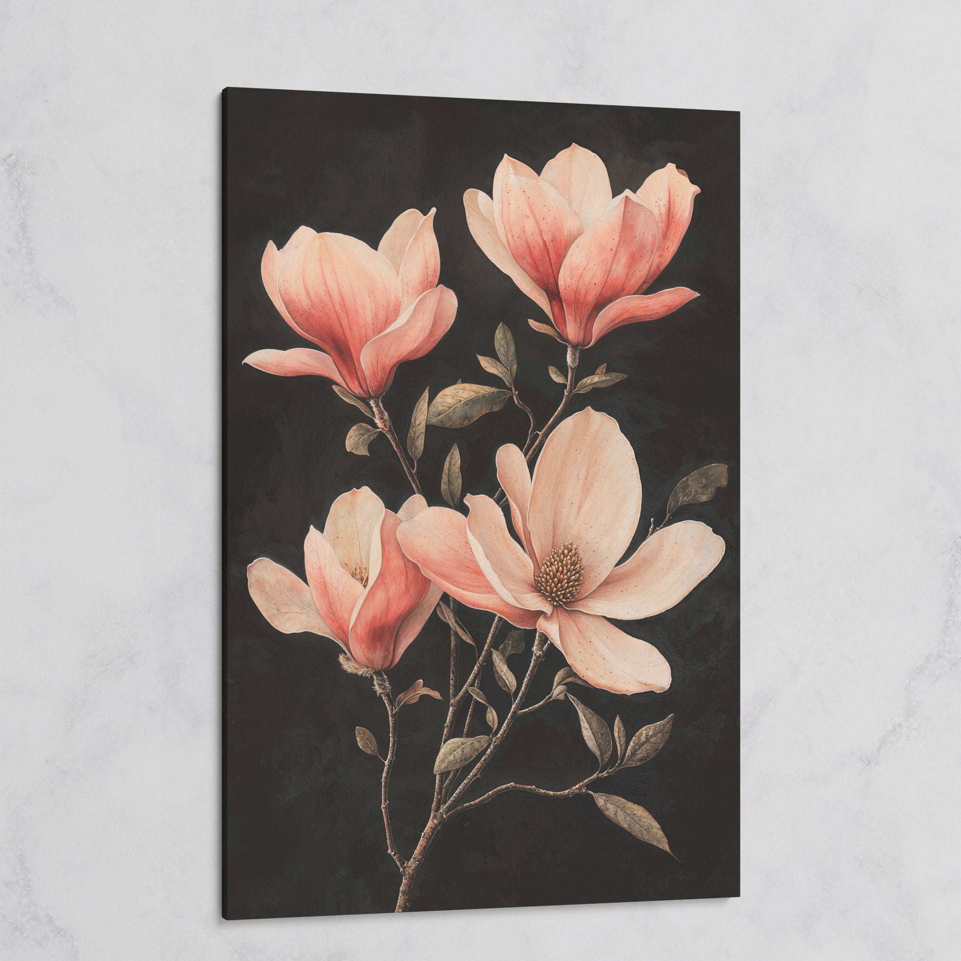 Magnolia Blossoms in Dusty Rose, Four-Stage Botanical Canvas on gallery wrap