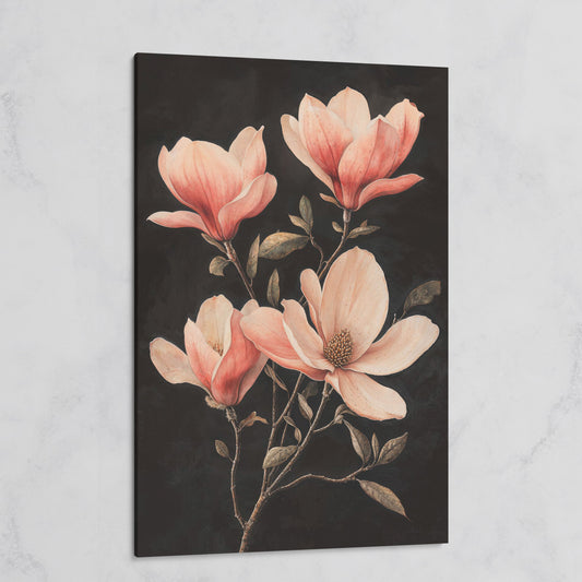 Magnolia Blossoms in Dusty Rose, Four-Stage Botanical Canvas on gallery wrap