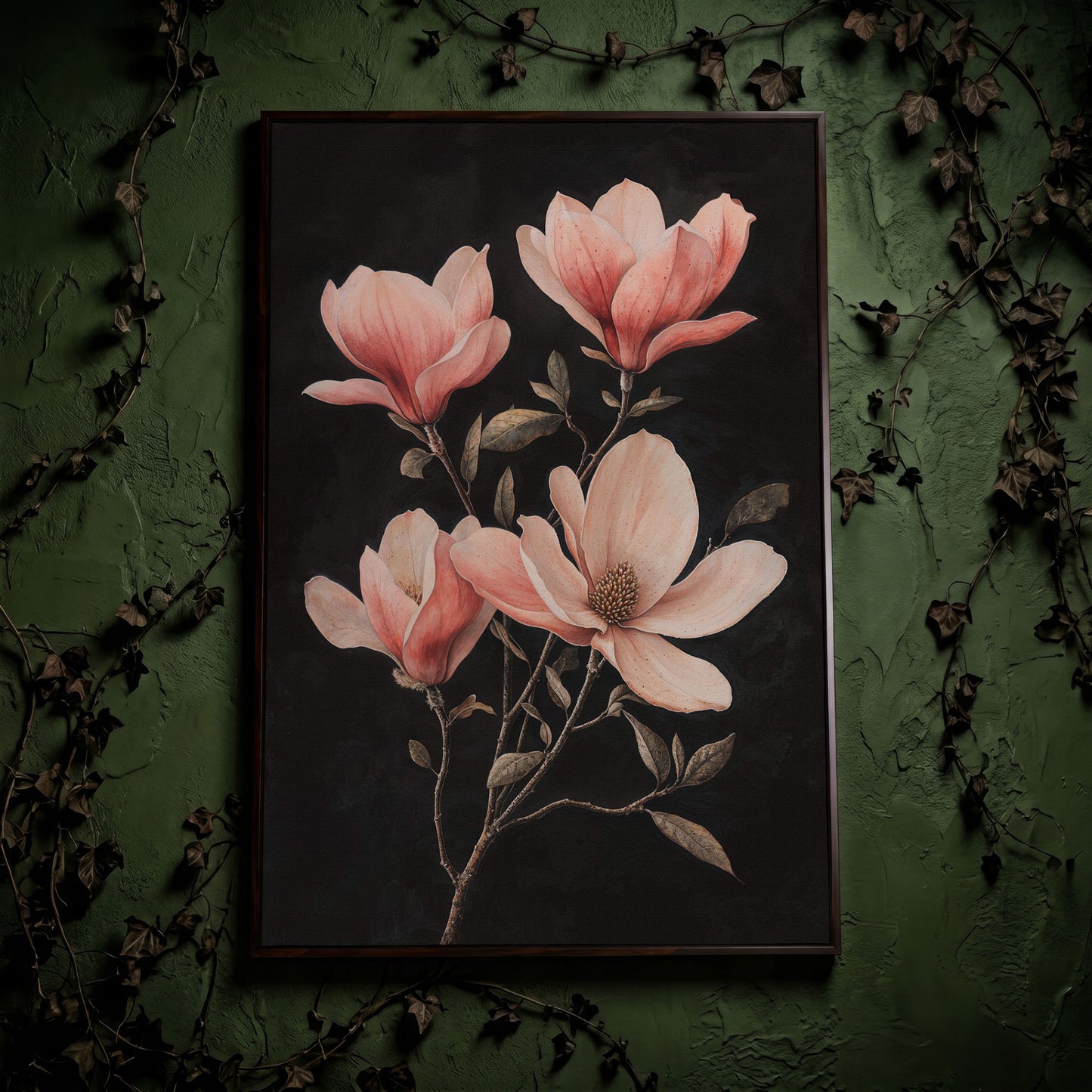 Magnolia Blossoms in Dusty Rose, Four-Stage Botanical Canvas in dark walnut floating frame